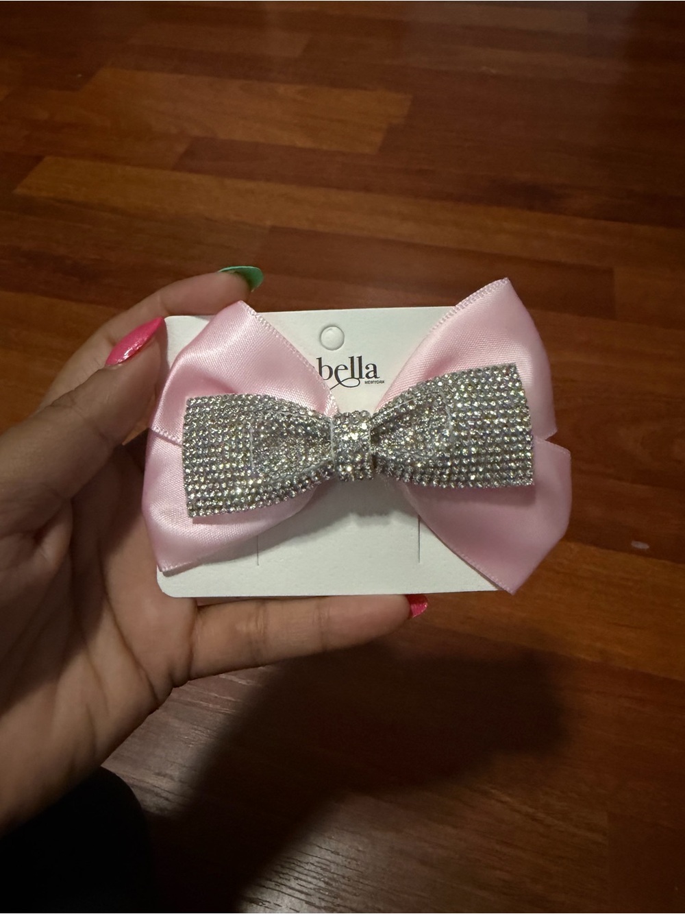 Abella Light Pink Satin Bow Clip with Rhinestone Bow Center